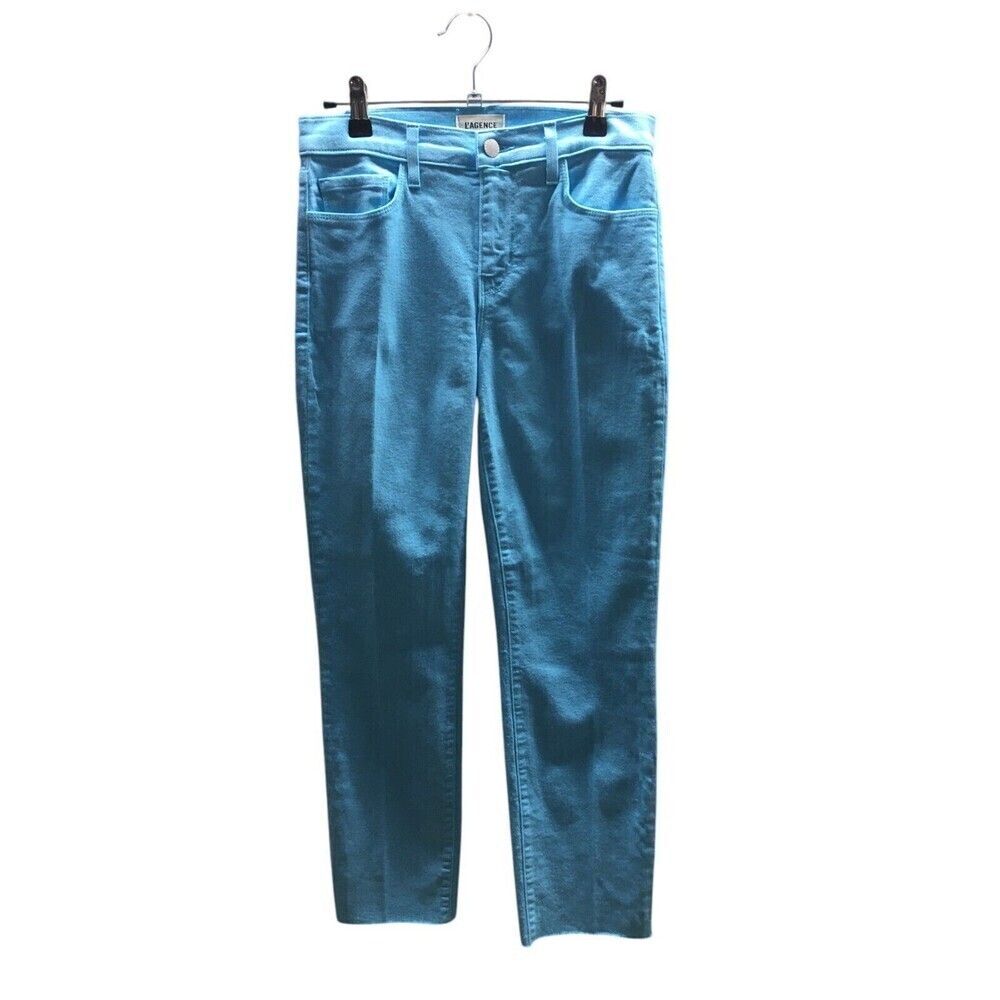 L'Agence Jeans Women's Size 25 Aqua Blue Sada Crop Slim Cotton Blend Raw Hem